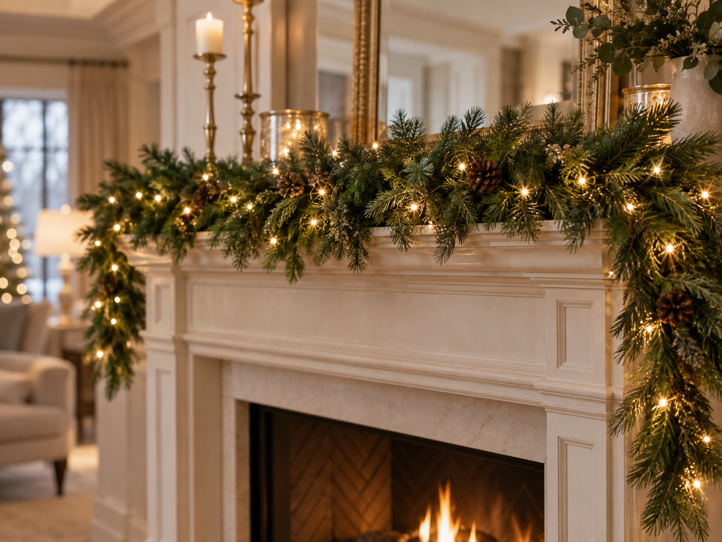 Warm-white Christmas garland arranged across a fireplace mantel