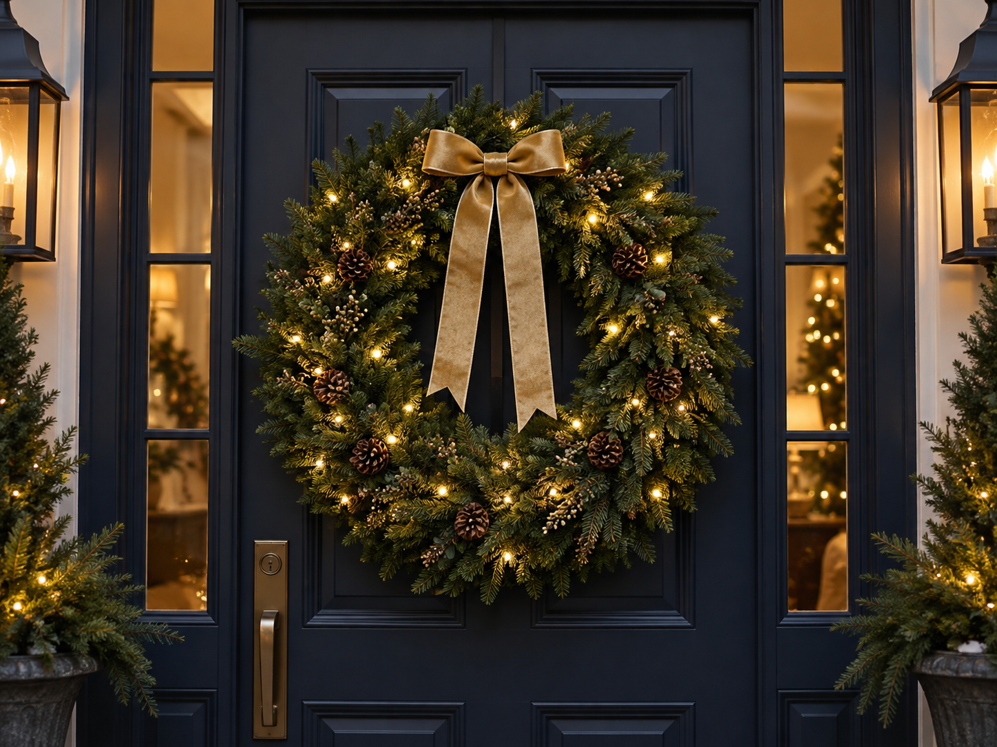 Warm-white Christmas wreath displayed on a dark navy front door