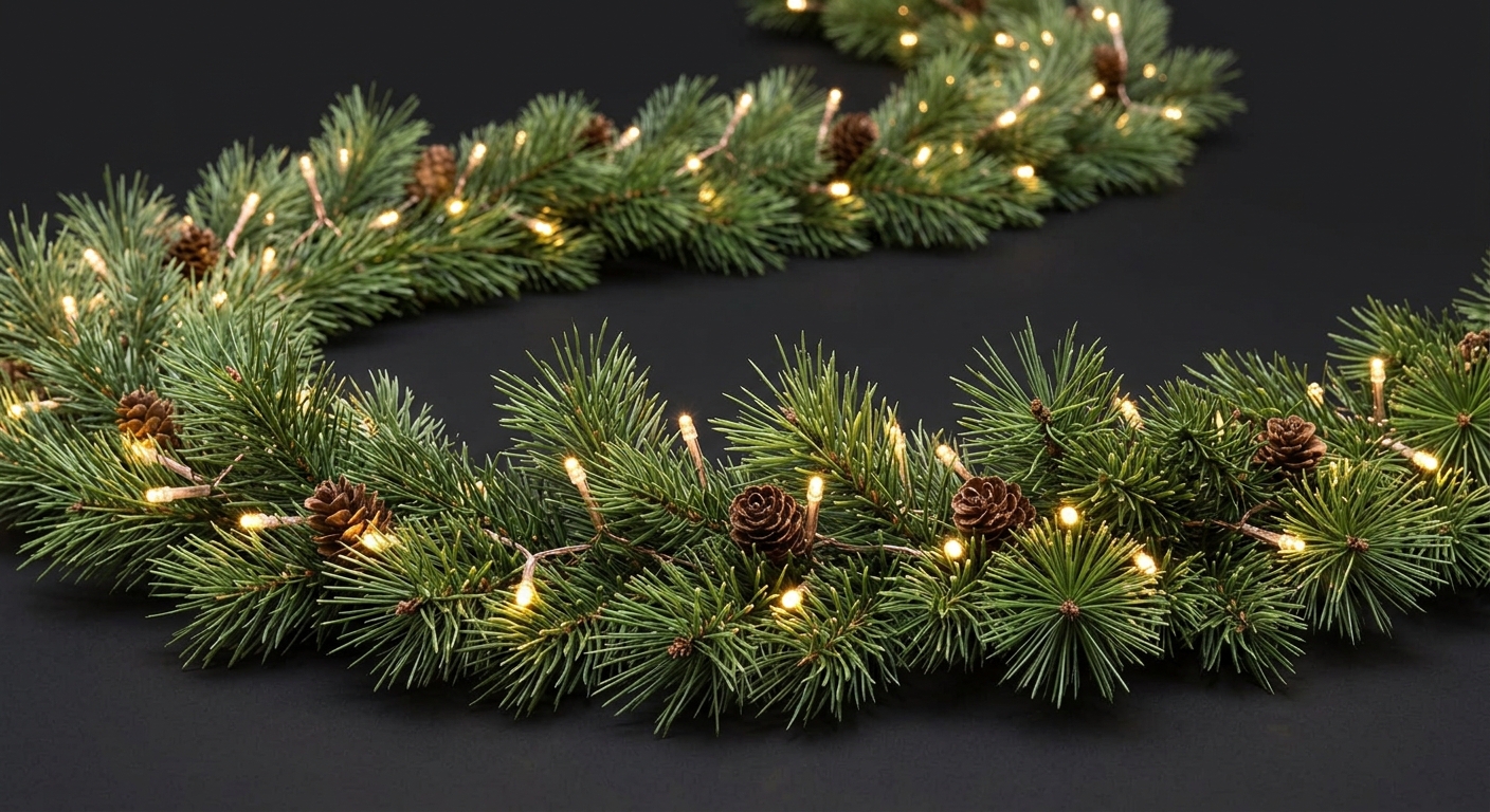 Warm white lit pine garland with pinecones