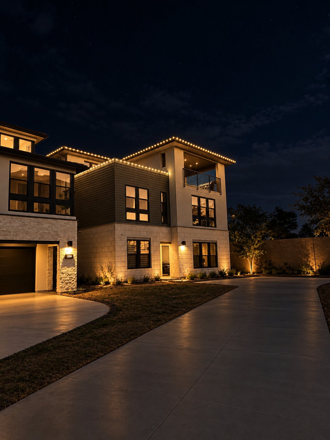 Warm white roofline lighting on a modern stone home with a wide driveway